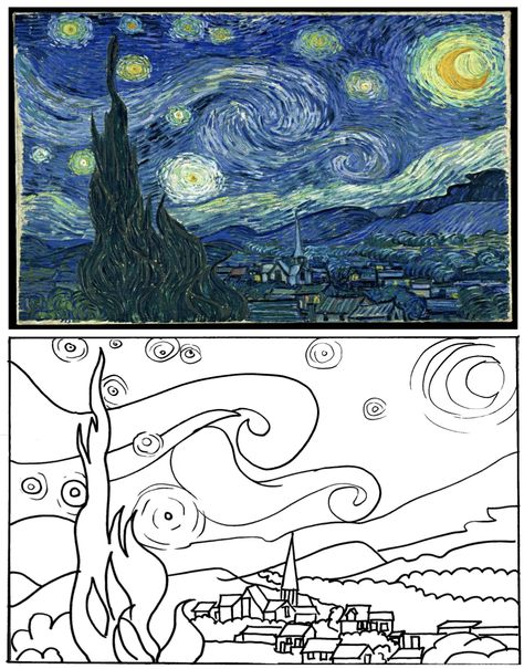 Starry Night Coloring Page, Night Coloring Pages, Lukisan Van Gogh, Desenhos Van Gogh, Starry Night Art, Starry Night Painting, Arte Van Gogh, Famous Paintings, Abstract Art Painting Diy