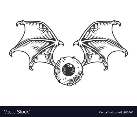 Eyeball Bat Tattoo, Bat Vintage Illustration, Eyes With Wings Drawing, Eyeball Wings Tattoo, Winged Eye Tattoo, Evil Wings Drawing, Flying Eye Tattoo, Skull With Bat Wings Tattoo, Eyeball With Wings Tattoo