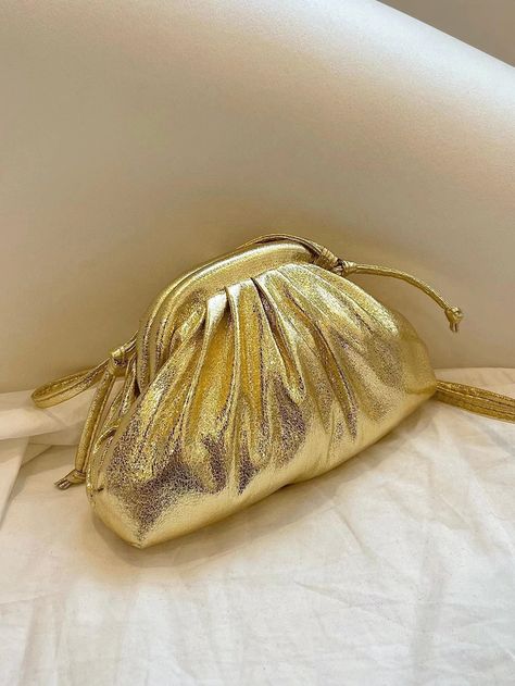 Gold Glamorous Collar  Polyamide Plain Ruched Bag Embellished   Women Bags Gold Clutch Bag, Ruched Bag, Prom Bag, Dome Bag, Pu Bag, Gold Clutch, Adjustable Bag, Gold Bag, Wedding Bag