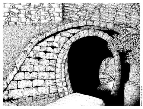 A pen & ink drawing of Phipps tunnel on the Upper Charles Rail Trail in Holliston, MA. Tunnel Drawing, Pen Ink Drawing, Perspective Drawing, Gcse Art, A Pen, Pen Ink, Ink Pen Drawings, Pen Drawing, Eiffel Tower Inside