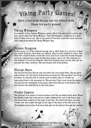 Games to go with "How to Train Your Dragon" from http://www.filmeducation.org/howtotrainyourdragon/pdfs/HTTYD_Hiccup_party_games.pdf Dragon Party Games, Viking Activities, Dragon Theme Party, Medieval Vbs, Httyd Party, Viking Games, Toothless Party, Party Games Kids, Viking Birthday