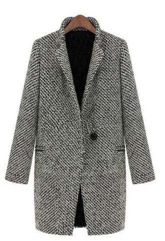 Houndstooth Notch Stand Collar Coat - Goodnight Macaroon Houndstooth Coat, Grey Coat, Tweed Coat, Stil Inspiration, Oversized Coat, Long Sleeves Coats, Woolen Coat, Fashion Business, 가을 패션