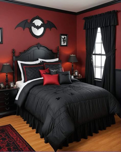 Modern Gothic Living Room, Modern Black Bedroom Design, Bold Wall Colors, Decorating With Black, Casa Rock, Black Bedroom Aesthetic, Modern Black Bedroom, Black Bedroom Ideas, Mockingjay Pin