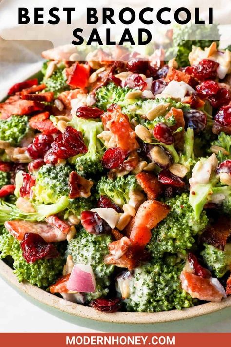 Crunchy, easy broccoli salad with crispy bacon, sweet dried cranberries, onion, and nuts all tossed in a sweet and tangy dressing. Tips for making the best broccoli salad. A classic potluck, BBQ, or summer side dish recipe! Salad Homemade, Broccoli Bacon, Salad Kale, Broccoli Salad Bacon, Easy Broccoli, Broccoli Salad Recipe, Resep Salad, Salad Recipes Video, Cranberry Cheese