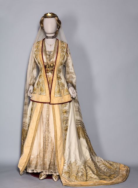 Court dress owned by Sophia Alexandrou Soutsou, lady-in-waiting to Queen Sophia, 1880-1910, collection of Benaki Museum, Athens. Greek Traditional Dress, Museum Identity, Benaki Museum, Queen Sophia, Greek Costume, Closet Collection, Court Dresses, Lady In Waiting, Greek Culture