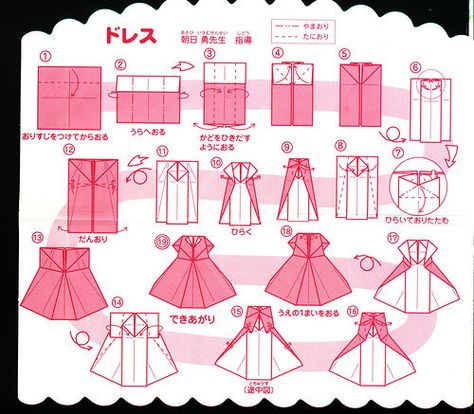 instructions for making an origami dress Origami Clothes, Dress Origami, Vintage Handkerchiefs Crafts, Handkerchief Crafts, Origami Dress, Origami And Kirigami, Dress Card, Folding Origami, Instruções Origami