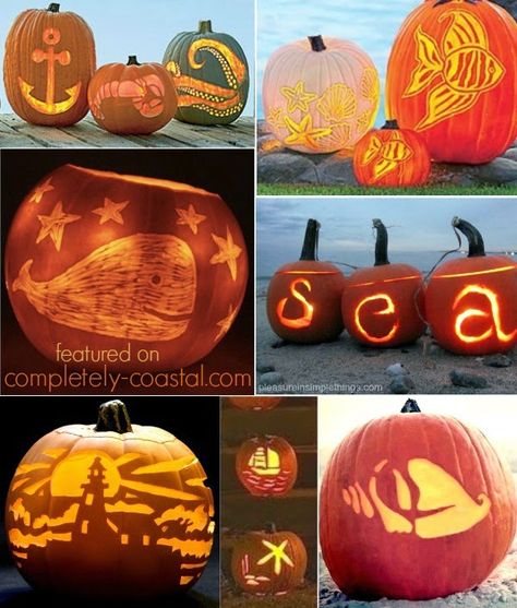 Hello Jack O Lanterns... Ready for a Coastal Autumn Celebration (and Halloween): ttp://www.completely-coastal.com/2014/09/coastal-autumn-nautical-pumpkins.html Coastal Pumpkins, Coastal Fall, Carved Pumpkins, Fall Beach, Hallowen Ideas, Pumpkin Carving Ideas, Coastal Holiday, Pumpkin Carvings Stencils, Pumpkin Carving Templates