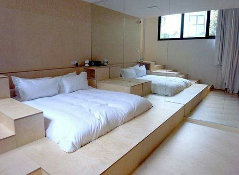 Bed Built Into Floor, Diy Sunken Bed, Sunken Platform Bed, Sunken Bed Frame, Alternative Bedroom Decor, Sunken Bed, Paris House, Minimalist Bed Frame, Parisian Hotel