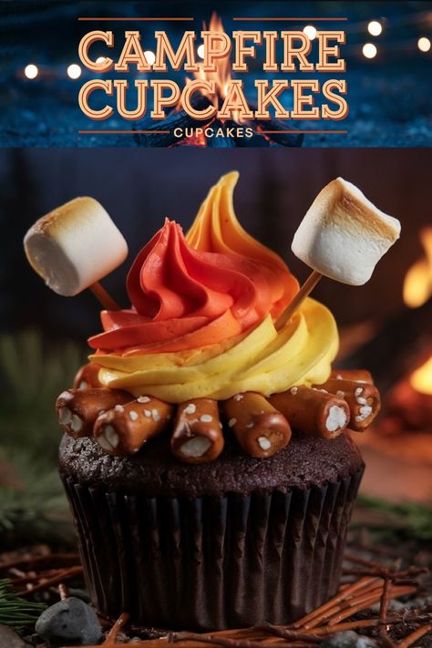 Camp Themed Food, Fire Cupcakes, Campfire Cupcakes, Colored Frosting, Cupcakes For Kids, Chocolate Bourbon Pecan Pie, Chocolate Snowballs, Weekend Baking, Toasting Marshmallows