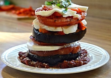 Grilled Eggplant, Tomato & Mozzarella Towers — Unwritten Recipes Eggplant Tomato Mozzarella, Air Fryer Doughnut Recipe, Outdoor Recipes, Ruins Of Pompeii, Dating Myself, Beefsteak Tomato, Spicy Tomato Sauce, Grilled Eggplant, Tomato Mozzarella