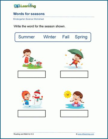 Writing words for the seasons worksheets. In these kindergarten worksheets, students write the words for the seasons. matching the seasons to pictures. The 3 worksheets give various levels of help to the student. Free | Worksheets | Kindergarten | Science Seasons Matching Worksheet, Kindergarten Grammar, Worksheets For First Grade, Kindergarten Vocabulary, Seasons Name, Seasons Worksheets, Early Science, Cursive Writing Worksheets, Spring Reading