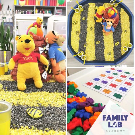 Play with winnie the Pooh in this fun sensory activity Winnie The Pooh Tuff Tray Ideas, Disney Messy Play, Winnie The Pooh Activities For Toddlers, Baby Room Activities Eyfs, Winnie The Pooh Activities, 1st Birthday Activities, Baby Room Ideas Early Years, Sensory Bin Play, Child Plan