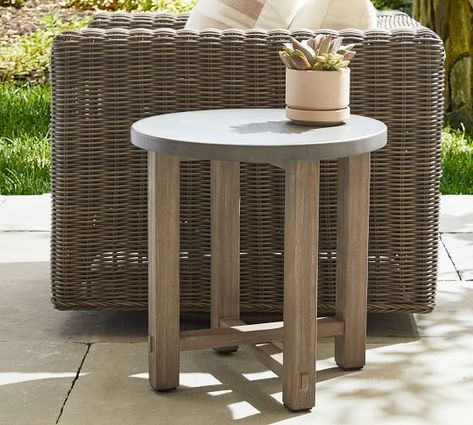 Abbott Outdoor Side Table, Gray Wash | Pottery Barn Pottery Barn Outdoor, Weathered Furniture, Outdoor End Tables, Patio Side Table, Staining Deck, Outdoor Accent Table, Concrete Furniture, Square Side Table, Outdoor Accents