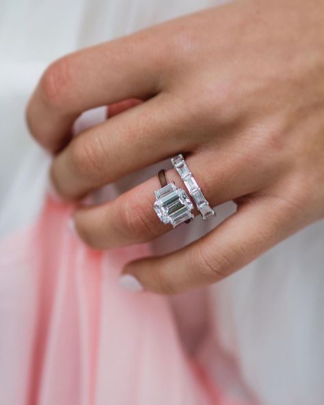 Low Profile Engagement Ring Stack, Emerald Three Stone Engagement Ring With Band, Three Stone Emerald Cut Ring, Three Stone Engagement Rings Emerald, Emerald Cut Wedding Band, Low Profile Engagement Rings, Emerald Cut Eternity Band, Emerald Cut Diamond Engagement Ring, Emerald Cut Diamond Engagement