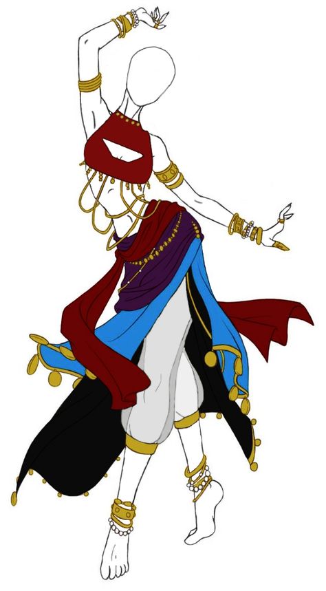 Genie Outfit Female Drawing, Snake Outfit Drawing, Dnd Dancer Outfit, Fantasy Dancer Outfit Art, Fantasy Clothes Drawing Reference Male, Harem Pants Drawing, Anime Clothes Female Casual, Goddess Clothing Drawing, Fantasy Clothing Design Sketches