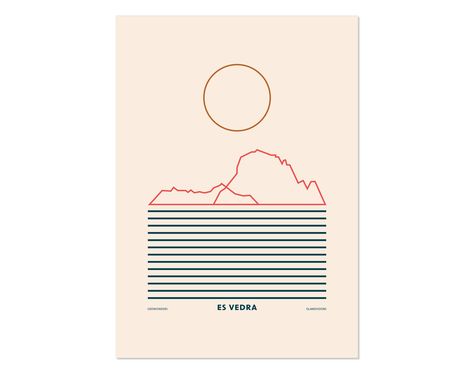 Minimal style graphic design Ibiza art print of a line drawing of Es Vedra rocks with lines for the sea. Ibiza Illustration, Ibiza Tattoo, Sunday Tattoo, Ibiza Design, Ibiza Print, Ibiza Art, Minimal Art Print, Limestone Rock, Bermuda Triangle