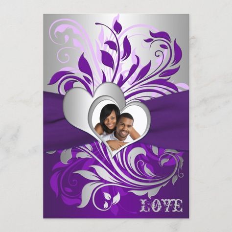 Purple Silver Scrolls, Hearts Photo Wedding Invite Wedding Blue And Silver, Plum Purple Wedding, Wedding Invitations Blue, 25th Wedding Anniversary Invitations, Silver Wedding Theme, Purple And Silver Wedding, Heart Wedding Invitations, Purple Wedding Cakes, Silver Wedding Invitations