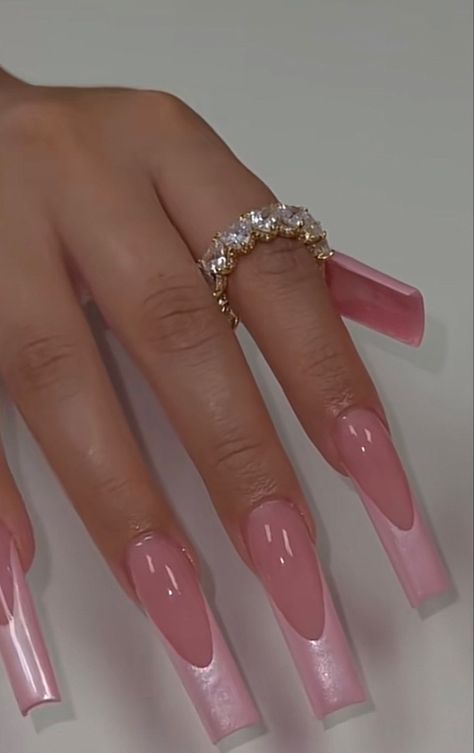 Pink Rhinestone French Tip, Pink On Pink Acrylic Nails, Pink Stone Nails, Plain Baddie Nails, Pink Base Acrylic Nails, Light Pink Chrome Nails French Tip, Tappered Nails Square Long Designs, Best Acrylic Nails Pink, Long Gel X Nail Ideas