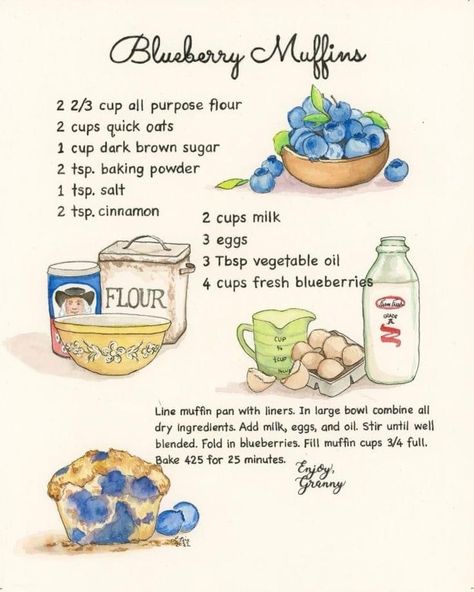 Blueberries Sauce, Colourful Notes, Scrapbook Cookbook, Aesthetic Recipes, Cake Pastries, Cottagecore Recipes, Blueberry Muffin Recipe, Blueberry Muffins Recipe, Homemade Recipe Books