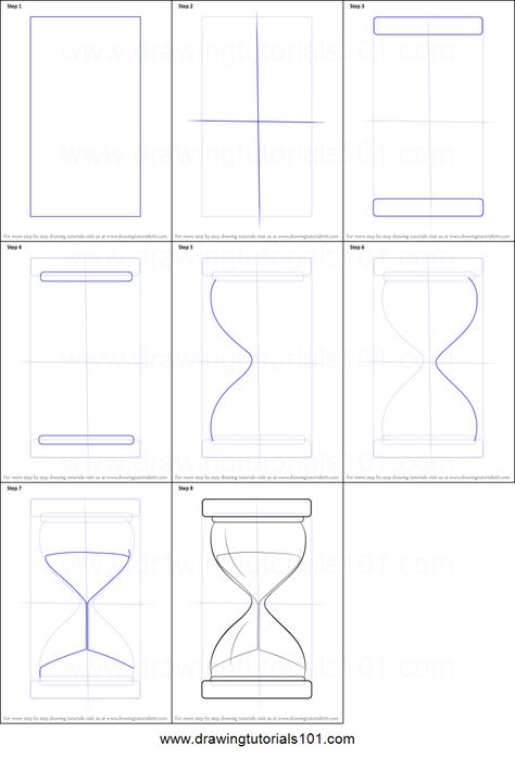 How to Draw an Hourglass printable step by step drawing sheet : DrawingTutorials101.com How To Draw A Clock Step By Step, Time Glass Drawing, Hourglass Design Drawing, Hourglass Sketch Drawings, Hour Glass Drawing Easy, Hour Glass Sketch, Sand Timer Drawing, Time Art Clock, Clock Drawing Simple