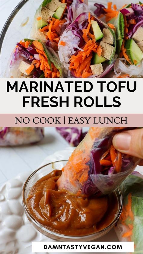 Vegetable and tofu summer fresh rolls being dipped in a peanut sauce. Summer Rolls With Peanut Sauce, Vegan Weeknight Meals, Meatless Meals Healthy, Homemade Peanut Sauce, Peanut Dipping Sauce, Tofu Marinade, Easy Vegan Lunch, Vegan Summer Recipes, Marinated Tofu