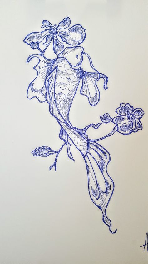 Koi Fish Drawing With Flowers, Koi Fish With Lily Pads Tattoo, Could Fish Drawing, Fish And Flower Drawing, Magical Fish Drawing, Butterfly Koi Fish Drawing, Coi Fish Sketches, Drawing Coy Fish, Koi Fish Pen Drawing