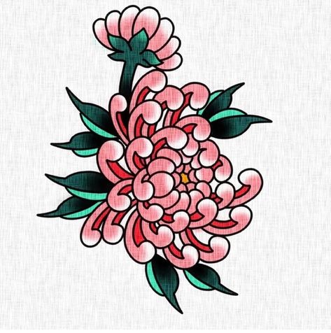 Japanese Traditional Peony Tattoo, Chrysanthemum American Traditional Tattoo, Pink Chrysanthemum Tattoo, Chrisanthiums Flower Tattoo Design, American Traditional Chrysanthemum, Crysantenum Flower Tattoo Design, Crysantenum Tattoo, Trad Japanese Tattoo, Traditional Chrysanthemum Tattoo