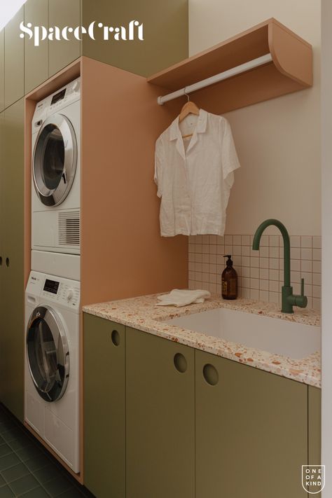 A kitchen and laundry design featuring terrazzo, tiles and tunes 🎵 Laundry Terrazzo, Utility Room Tiles, Terrazzo Laundry, Kitchen And Laundry Design, Funky Laundry Room, Retro Laundry Room, Laundry Reno, Joinery Projects, Funky Bedroom