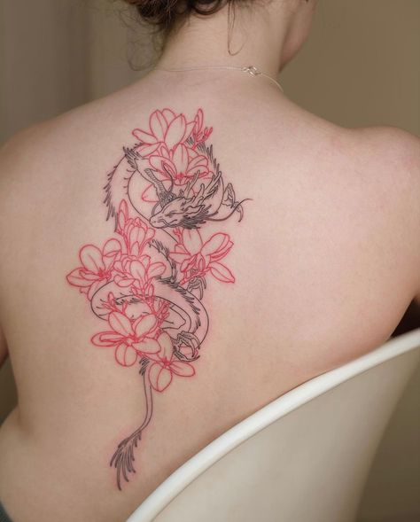 Tattoo by @dartkatt on Instagram, who is based in Lisbon, Portugal. Flowers Back Tattoo, Dragon With Flowers, Cute Dragon, Magnolia Flowers, Asian Tattoos, Madrid Barcelona, Cute Dragons, Magnolia Flower, Red Dragon