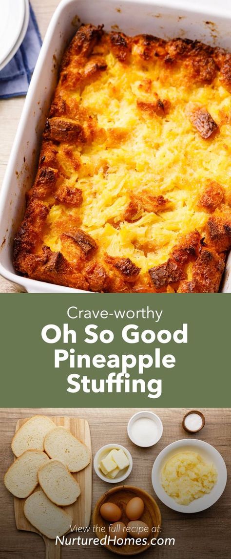 Scrumptious Pineapple Stuffing (Buttery and Soul-Satisfying) - Nurtured Homes Pineapple Stuffing, Colorado Recipes, Homemade Stuffing Recipes, Classic Stuffing, Homemade Stuffing, Thanksgiving Meal, Stuffing Recipes, Dried Cherries, Food Board