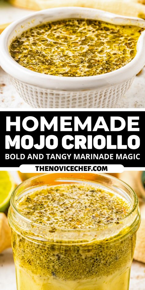 Authentic, homemade, Cuban Mojo Criollo is so easy to make, and so worth it! This bold and punchy marinade makes any meat more tender and flavorful. Use it on pork, beef, chicken, shrimp, and even veggies for that perfect Cuban flair! Mojo Criollo Recipe, Mojo Beef, Aip Dips, Cuban Mojo Marinade, Pork Steak Marinade, Mustard Sauce For Pork, Cuban Mojo Marinated Pork, Mojo Criollo, Mexican Marinade