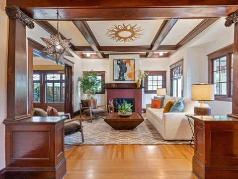 A Craftsman Built in 1900 Just Hit the Market for $1.2M in Portland - Dwell Craftsman Style Decor, Craftsman Interiors, Craftsman Living Room, Dark Wood Trim, Beam Lights, Craftsman Home Interiors, Dark Trim, Victorian Home Interior, Craftsman Interior