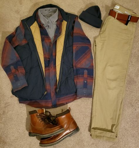 My outfit for today. Vest = J. Crew Flannel = L.L. Bean Button up = Eddie Bauer Outfit For Today, Flat Lays, My Outfit, L L Bean, For Today, Eddie Bauer, J Crew, Button Up