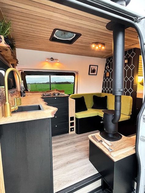 One of our latest builds called Nevis which is a LWB Mercedes Sprinter campervan conversion with a full bathroom / shower room and toilet and also a beautiful cosy woodburner.  She also has our signature live edge worktop and L-shaped sofa. Van Conversion Mercedes Sprinter, Sprinter Van Conversion With Bathroom, Crafter Van Conversion, Mercedes Camper Van Interior, Campervan Shower Ideas, Van Life Bathroom, Trailer Decorating Ideas, Van With Bathroom, Campervan Decor