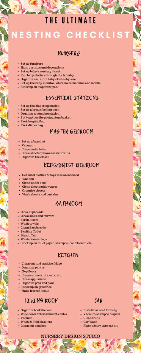 Nesting Checklist By Week, Postpartum Room Set Up, Nesting Cleaning Checklist, Baby Set Up In Parents Room, Newborn Set Up In Parents Room, Nesting Party Ideas, Mom And Baby Room Shared Ideas, Sharing Room With Newborn, Shared Nursery With Parents