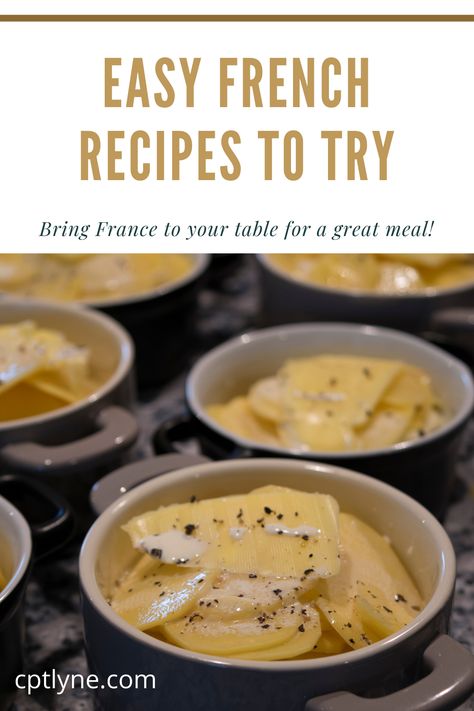 One french recipe showing some mini gratin dauphinois dishes. French Cusine Recipe, French Starters Recipes, Simple French Meals, Easy French Recipes Simple, French Cooking For Beginners, Simple French Recipes, French Dishes Recipes, French Appetizers Easy, Dinner Cold Weather