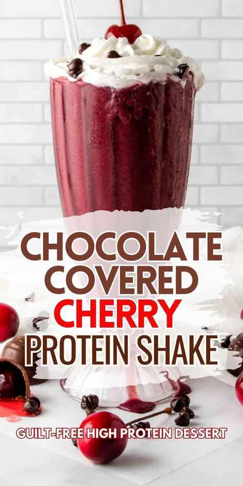 This Chocolate Cherry Protein Shake tastes like chocolate covered cherries in a glass! 23g of plant-based protein in this vegan smoothie. High Protein Breakfast Shakes, Cherry Protein Shake, Bariatric Keto, Chocolate Covered Cherries Recipe, High Protein Dessert, Easy Protein Shakes, Cottage Cheese Smoothie, Chocolate Protein Smoothie, Protein Dessert