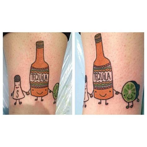 Martini Glass Tattoo: 27 Coolest Tattoo Ideas for Drinkers - Supercall Matching Tattoos Funny Friends, 3 Person Tattoo Friends, Tequila Shot Tattoo, Drinking Tattoos, Tequila Tattoo, Taco Tattoos, Trio Tattoos, Chef Tattoo, Bottle Tattoo