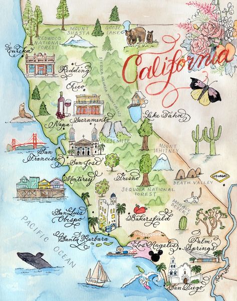 Hand-painted Watercolor California Map Luxury Print in 5 X 7 | Etsy California Map Aesthetic, California Map Art, California Map Illustration, Maps Aesthetic, Usa Trip, A6 Notebook, Reference Pics, California Map, United States Map