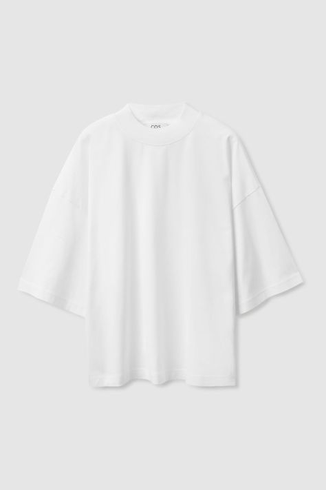 OVERSIZED MOCK-NECK T-SHIRT - WHITE - T-shirts - COS White Oversized Shirt, Mock Neck And T Shirt, Wardrobe Capsule, Travel Clothes, Cut Sweatshirts, Light Knit, Clothing Mockup, Latest T Shirt, Genetically Modified