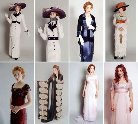 Costume from the Titanic(1912): notice a revival of the empire waistline with a more narrow skirt. Also, her extravagant hats with much decoration. Rose Dawson Dress, Titanic Costume, Rose Dawson, Titanic Kate Winslet, Rosa Outfit, Titanic Dress, Beautiful Costumes, Movie Fashion, Kate Winslet