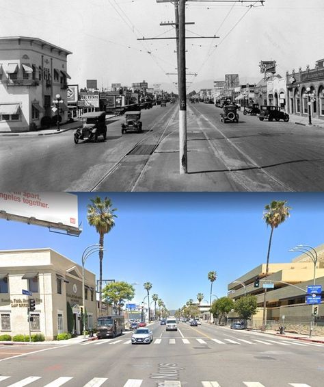 Van Nuys Blvd at Calvert St - Thrn & Now. Van Nuys California, Then And Now Photos, California History, San Fernando Valley, Vintage Los Angeles, Van Nuys, Los Angeles Area, Street Scenes, American Shirts