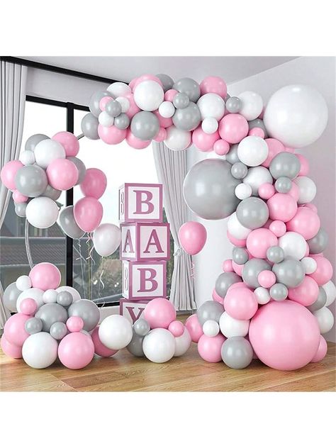 Multicolor  Collar  Latex   Embellished   Hobbies, Collections, Parties Pink And Grey Baby Shower Ideas, Grey Balloons, Balloons For Baby Shower, Pink Balloon Garland, Balloon Wreath, Grey Baby Shower, White Baby Showers, 50th Bday, Gold Confetti Balloons