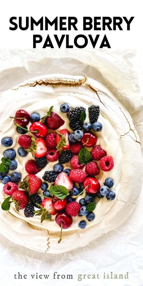 Simple Berry Pavlova | The View from Great Island Berry Pavlova, Fruit Sauce, Cake Mug, Island Food, Summer Berries, Summer Dessert, Mixed Berries, Fun Times, Fresh Berries