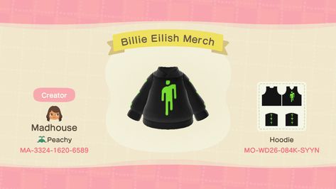 Billie Eilish Animal Crossing, Acnh Outfits, Acnh Clothes, Animals Crossing, Minecraft House Tutorials, Acnh Designs, Acnh Codes, Band Outfits, Acnh Inspo