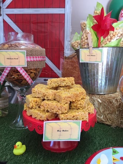 Rice Krispie Hay Bales, Hay Bail, Kix Cereal, Pretzel Mix, Rice Bubbles, Corn Husks, Farm Baby Shower, Baby Shower Treats, Krispy Treats