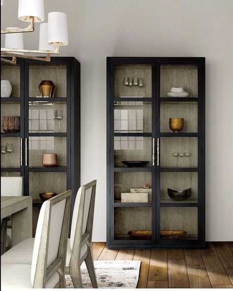 The Room at Coulter's on Instagram: “Coming soon! The Shou Sugi Ban Curio Cabinet! Gorgeous! @coultersfurniture @hookerfurniture” Black Curio Cabinet, Kitchen Display Cabinet, Sugi Ban, Glass Cabinets Display, Kitchen Display, Small Space Solutions, Curio Cabinet, Built In Cabinets, Seeded Glass