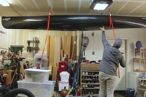 In this DIY tutorial, learn how to put together a nifty little kayak or canoe storage solution with just a few basic hardware store supplies. Kayak Garage Storage, Diy Kayak Storage, Kayak Storage Garage, Canoe Storage, Old Town Canoe, Ceiling Diy, Kayak Paddles, Garage Workshop Organization, Kayak Storage