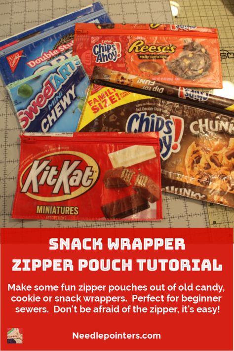 Sewing Project For Kids, Candy Wrapper Purse, Recycle Craft Projects, Learn Sewing, Pouch Diy, Zipper Pouch Tutorial, Pouch Tutorial, Candy Crafts, Zipper Pouches