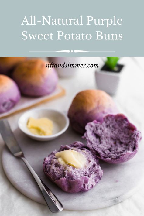 These Purple Sweet Potato Buns are soft, fluffy and naturally purple. The purple sweet potato not only provides colour, but it also adds moisture, (fibre!) and an earthy sweet flavour to the buns. Try a different variety of sweet potato and you’ll get a different colour. #sweetpotato #recipes #breadrecipes #purplesweetpotato #ube #yam #bread #baking @siftandsimmer | #siftandsimmer Purple Sweet Potato Recipes, Japanese Cotton Cheesecake, Potato Buns, Sweet Potato Powder, Sweet Potato Buns, Orange Sweet Potatoes, Potato Muffins, Sweet Potato Bread, Purple Sweet Potato